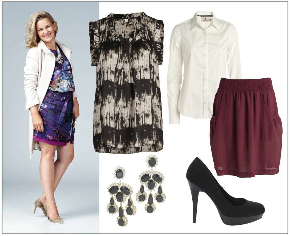 ANDRE LOOK: Hilde-Gunn har på seg en kåpe fra Tiger of Sweden, kr 4000. Kjole fra Tiger of Sweden, kr 2300. Clutchveske fra Michael Kors, kr 950. Sko fra Michael Kors, kr 1399. Smykke fra By Malene Birger, kr 1500. Forslag til produkter på høyre side: En topp som skjuler det man helst vil, og viser frem det andre, fra Vivikes, kr 299. Skjorte fra Peak Performance, kr 800. Skjørt fra Ellos, kr 249. Øredobber fra Cecilie Melli, kr 700. En kjole krever alltid sine hæler. Sko fra Ellos, kr 500. ANDRE LOOK: Hilde-Gunn har på seg en kåpe fra Tiger of Sweden, kr 4000. Kjole fra Tiger of Sweden, kr 2300. Clutchveske fra Michael Kors, kr 950. Sko fra Michael Kors, kr 1399. Smykke fra By Malene Birger, kr 1500. Forslag til produkter på høyre side: En topp som skjuler det man helst vil, og viser frem det andre, fra Vivikes, kr 299. Skjorte fra Peak Performance, kr 800. Skjørt fra Ellos, kr 249. Øredobber fra Cecilie Melli, kr 700. En kjole krever alltid sine hæler. Sko fra Ellos, kr 500.