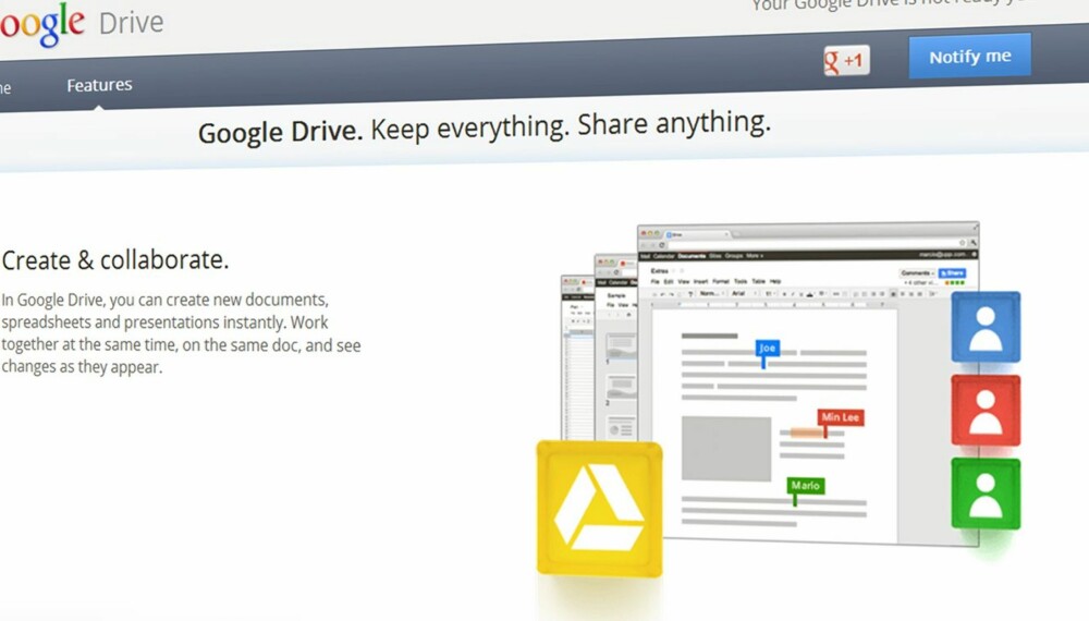 HARDDISK PÅ NETT: Google lanserer Drive, en nettbasert lagringstjeneste. Du får 5 GB gratis lagringsplass og muligheten for å kjøpe ekstra lagringsplass. HARDDISK PÅ NETT: Google lanserer Drive, en nettbasert lagringstjeneste. Du får 5 GB gratis lagringsplass og muligheten for å kjøpe ekstra lagringsplass.
