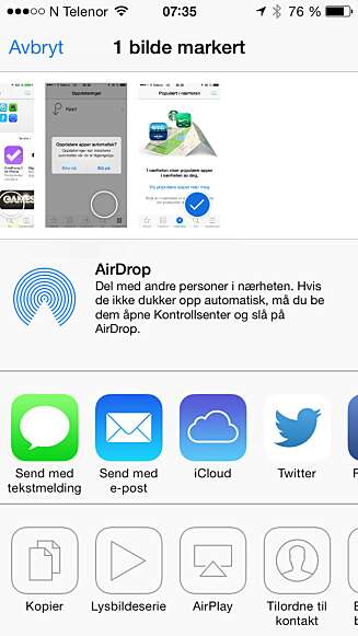 AIRDROP: Deling mellom enheter i nærheten av hverandre er en ny funksjon på iOS 7. AIRDROP: Deling mellom enheter i nærheten av hverandre er en ny funksjon på iOS 7.