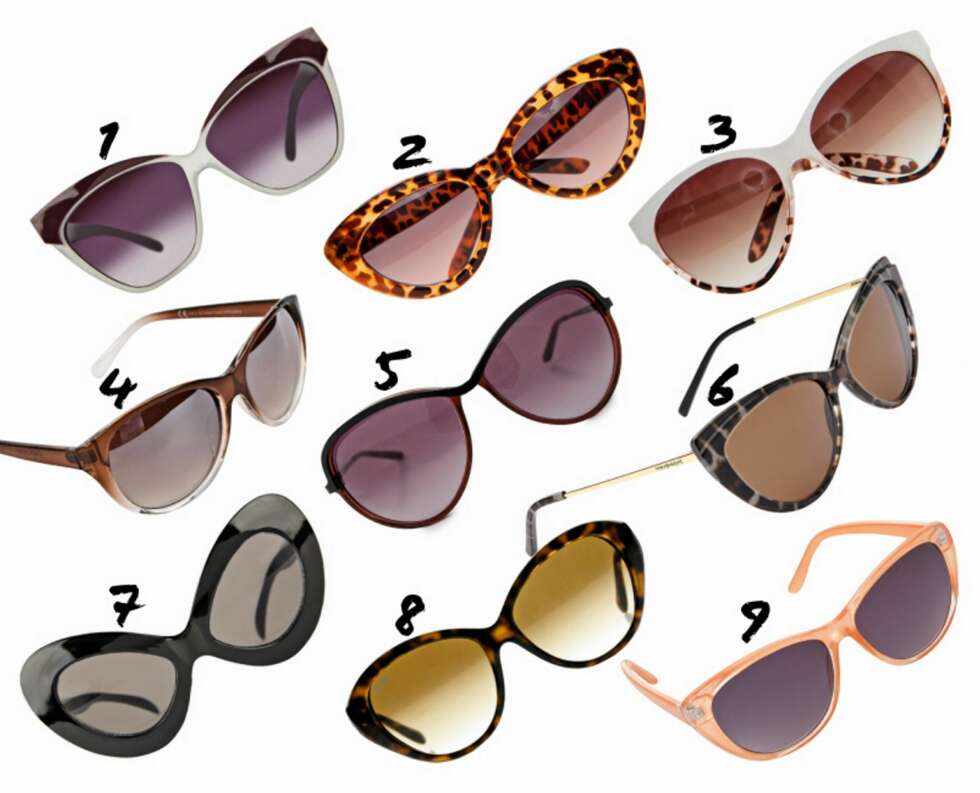 CATEYE: 1: Asos, kr 150. 2: Mango, kr 169. 3: Mango, kr 199. 4: Pieces, kr 150. 5: Tiger of Sweden, kr 1295. 6: YSL, kr 2855. 7: Asos, kr 120. 8: Ray Ban, kr 1150. 9: Lindex, kr 80. CATEYE: 1: Asos, kr 150. 2: Mango, kr 169. 3: Mango, kr 199. 4: Pieces, kr 150. 5: Tiger of Sweden, kr 1295. 6: YSL, kr 2855. 7: Asos, kr 120. 8: Ray Ban, kr 1150. 9: Lindex, kr 80.