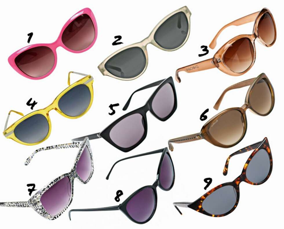 CATEYE: 1: Friis & Company, kr 329. 2: The Row/Net-a-porter.com, kr 2750. 3: Pieces, kr 129. 4: Friis & Company, kr 329. 5: Cheap Monday, kr 199. 6: Max Mara, kr 1745. 7: Cubus, kr 99. 8: Bik Bok, kr 79. 9: H&M, kr 199. CATEYE: 1: Friis & Company, kr 329. 2: The Row/Net-a-porter.com, kr 2750. 3: Pieces, kr 129. 4: Friis & Company, kr 329. 5: Cheap Monday, kr 199. 6: Max Mara, kr 1745. 7: Cubus, kr 99. 8: Bik Bok, kr 79. 9: H&M, kr 199.
