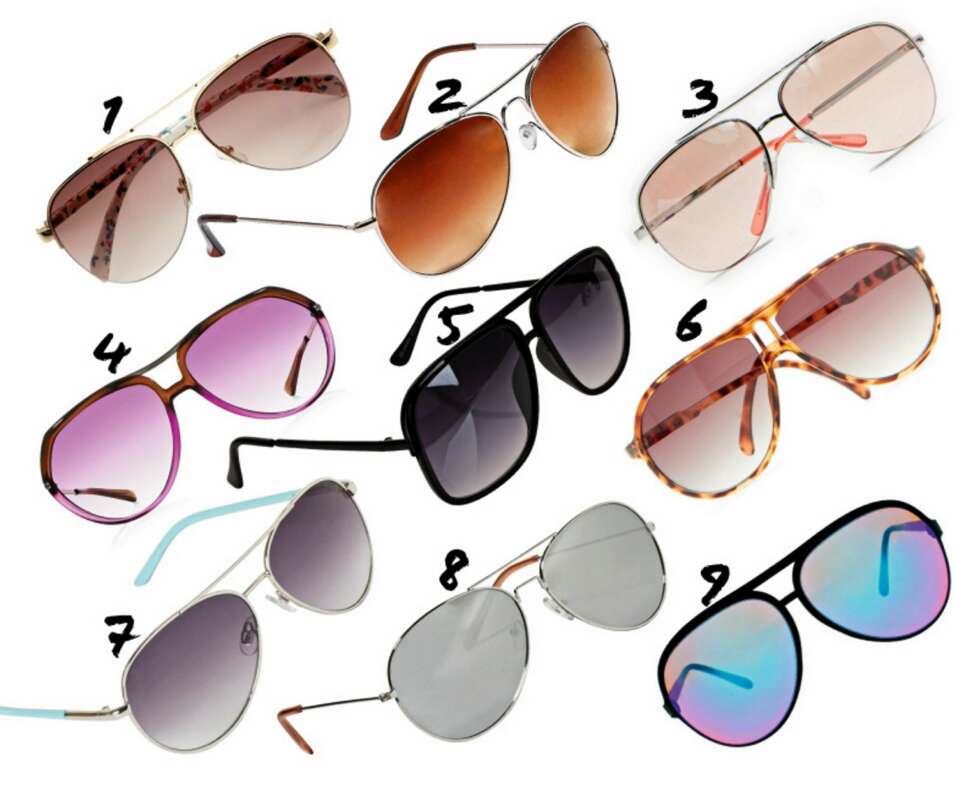 PILOTBRILLER: 1: Accessorize, kr 249. 2: La Redoute, kr 129. 3: Mango, kr 169. 4: Miu Miu/Net-a-porter.com, kr 1390. 5: Pieces, kr 149. 6: Mango, kr 199. 7: MQ, kr 129. 8: Lindex, kr 60. 9: Asos, kr 120. PILOTBRILLER: 1: Accessorize, kr 249. 2: La Redoute, kr 129. 3: Mango, kr 169. 4: Miu Miu/Net-a-porter.com, kr 1390. 5: Pieces, kr 149. 6: Mango, kr 199. 7: MQ, kr 129. 8: Lindex, kr 60. 9: Asos, kr 120.