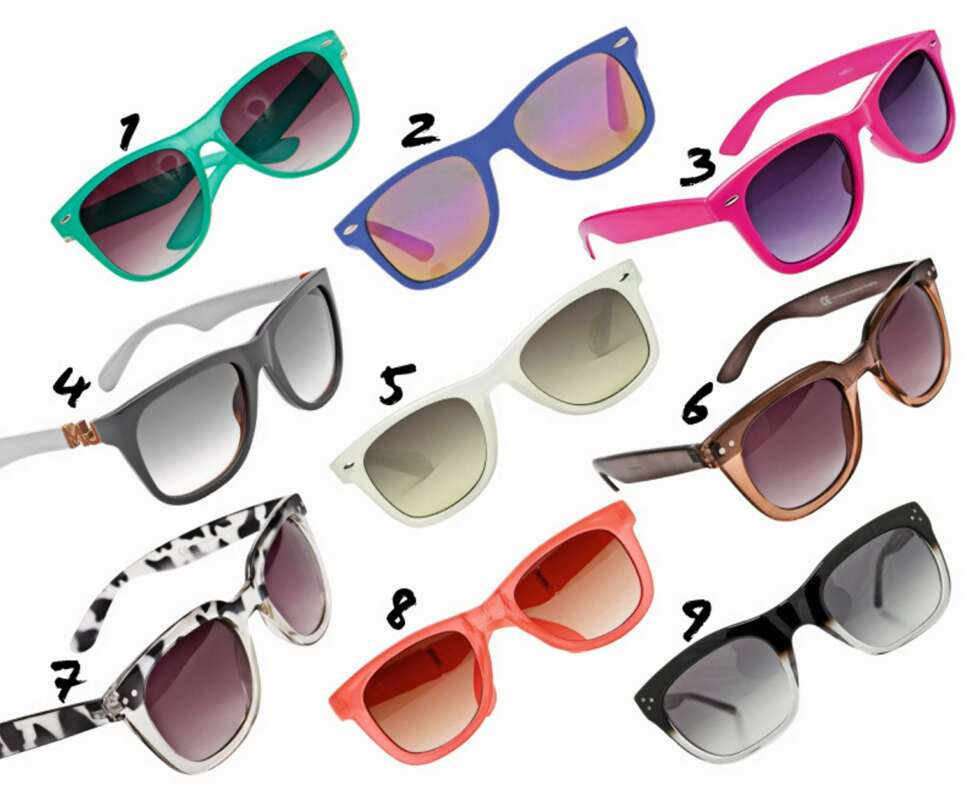 WAYFARER: 1: Mango: kr 189. 2: Aldo, kr 139. 3: Glitter, kr 80. 4: Marc Jacobs, kr 1520. 5: Monki, kr 100. 6: Pieces, kr 149. 7: Pieces, kr 130. 8: Mango, kr 189. 9: Tiger of Sweden, kr 1795. WAYFARER: 1: Mango: kr 189. 2: Aldo, kr 139. 3: Glitter, kr 80. 4: Marc Jacobs, kr 1520. 5: Monki, kr 100. 6: Pieces, kr 149. 7: Pieces, kr 130. 8: Mango, kr 189. 9: Tiger of Sweden, kr 1795.