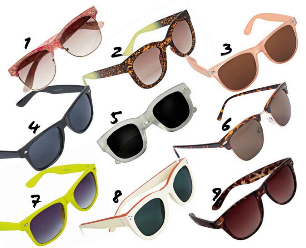 WAYFARER: 1: Accessorize, kr 199. 2: Zara, kr 179. 3: Lindex, kr 80. 4: Cubus, kr 79. 5: Acne, kr 1995. 6: Cubus, kr 79. 7: Bik Bok, kr 79. 8: H&M, kr 99. 9: Gina Tricot, kr 59. WAYFARER: 1: Accessorize, kr 199. 2: Zara, kr 179. 3: Lindex, kr 80. 4: Cubus, kr 79. 5: Acne, kr 1995. 6: Cubus, kr 79. 7: Bik Bok, kr 79. 8: H&M, kr 99. 9: Gina Tricot, kr 59.