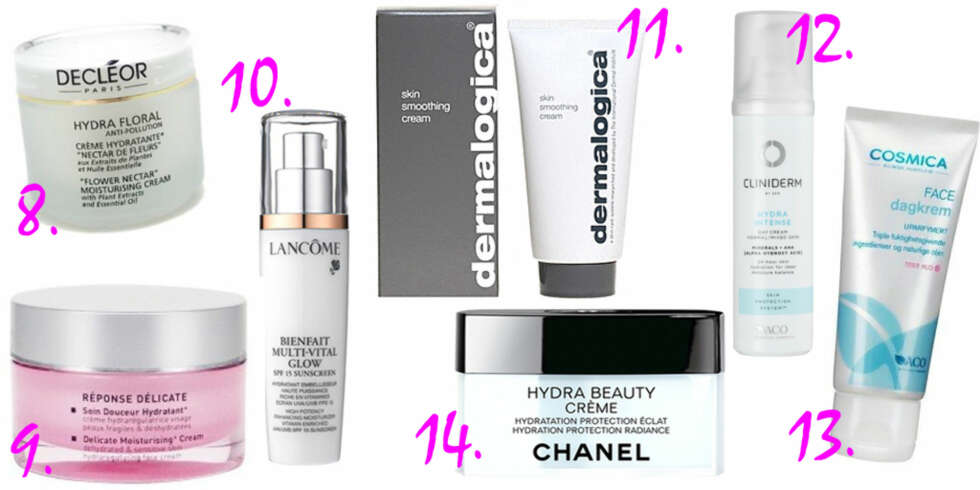 FAVORITTER: Disse kremene elsker vi. 8. Hydra Floral fra Decleor, kr 629. 9. Réponse Délicate Moisturising Cream fra Matis, kr 669. 10. Bienfait Multi-Vital, kr 425, Lancôme. 11. Skin Smoothing Cream, kr 630, Dermalogica. 12. Hydra Day Creme, kr 199, Cliniderm. 13. Face dagkrem, kr 104, Cosmica. 14. Hydra Beauty Creme, kr 585, Chanel. FAVORITTER: Disse kremene elsker vi. 8. Hydra Floral fra Decleor, kr 629. 9. Réponse Délicate Moisturising Cream fra Matis, kr 669. 10. Bienfait Multi-Vital, kr 425, Lancôme. 11. Skin Smoothing Cream, kr 630, Dermalogica. 12. Hydra Day Creme, kr 199, Cliniderm. 13. Face dagkrem, kr 104, Cosmica. 14. Hydra Beauty Creme, kr 585, Chanel.