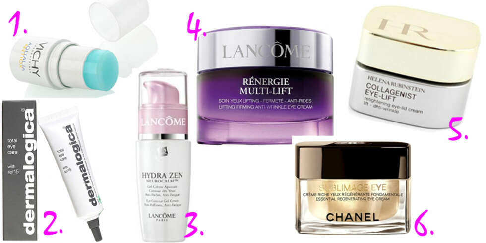 SJELENS SPEIL: Det er viktig å ta vare på den sarte huden rundt øynene. Med disse kremene er du godt på vei. 1. Aqualia Antiox Eye Stick, kr 236, Vichy. 2. Total Eye Care, kr 475, Dermalogica. 3. Hydra Zen Neurocalm Eye Cream fra Lancôme, kr 410. 4. Rénergie Multiple Lift Eye Cream fra Lancôme, kr 595. 5. Collagenist eye cream fra Helena Rubinstein, kr 470. 6. Sublimage La Crème Yeux, kr 1380, Chanel. SJELENS SPEIL: Det er viktig å ta vare på den sarte huden rundt øynene. Med disse kremene er du godt på vei. 1. Aqualia Antiox Eye Stick, kr 236, Vichy. 2. Total Eye Care, kr 475, Dermalogica. 3. Hydra Zen Neurocalm Eye Cream fra Lancôme, kr 410. 4. Rénergie Multiple Lift Eye Cream fra Lancôme, kr 595. 5. Collagenist eye cream fra Helena Rubinstein, kr 470. 6. Sublimage La Crème Yeux, kr 1380, Chanel.