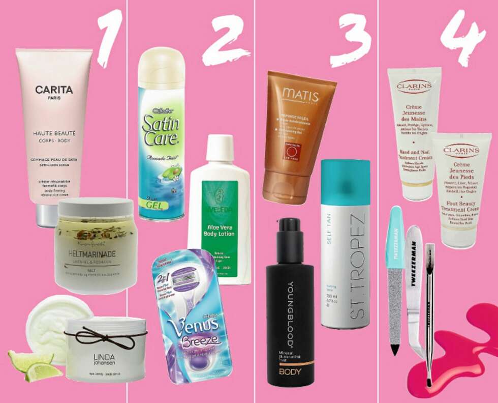 1) Satin skin-skrubb fra Carita Paris, kr 629,- | Helt Marinade fra kremfresh, kr 300,- | Body-scrub fra Linda Johansen, kr 399,-. | 2) Satin Care shaving gel fra Gilette, kr 55,- | Aloe vera bodylotion fra Weleda, kr 165,- | Venus Breeze barberhøvel fra Gilette, kr 189,-. | 3) Selbruningsgele fra Matis, kr 469,- | Selvbruningsspray fra St. Tropez, kr 499,- | Bodylotion Mineral illuminating Tint fra Youngblood, kr 515,-. | 4) Hånd- og fotkrem fra Clarins/Nelly.com, kr 255,- | Neglesett fra Tweezerman, kr 225,- | Neglelakk i fargen tentation fra Chanel, kr 220,- 1) Satin skin-skrubb fra Carita Paris, kr 629,- | Helt Marinade fra kremfresh, kr 300,- | Body-scrub fra Linda Johansen, kr 399,-. | 2) Satin Care shaving gel fra Gilette, kr 55,- | Aloe vera bodylotion fra Weleda, kr 165,- | Venus Breeze barberhøvel fra Gilette, kr 189,-. | 3) Selbruningsgele fra Matis, kr 469,- | Selvbruningsspray fra St. Tropez, kr 499,- | Bodylotion Mineral illuminating Tint fra Youngblood, kr 515,-. | 4) Hånd- og fotkrem fra Clarins/Nelly.com, kr 255,- | Neglesett fra Tweezerman, kr 225,- | Neglelakk i fargen tentation fra Chanel, kr 220,-