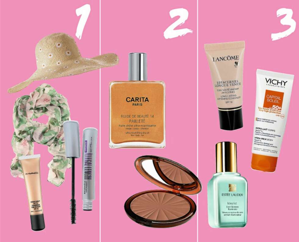1) Solhatt fra Zara, kr 179,- | Skjerf Fra H&M, kr 60,- | Studio sculpt foundation fra MAC, kr 250, | Illegal length waterproof maskara fra Maybelline, kr 149,-. | 2) Skimmerolje fra Carita Paris, kr 349,- | Isadora giant teracotta tan solpudder, kr 205,-. | 3) Effacernes Longue Tenue fra Lancômeconcealer, kr 290,- | Vichy Capital Soleil Body-lotion SPF 50+, kr 185,- | Idealist Even Skintone Illuminator fra Estée Lauder,kr 590,- for 30ml. 1) Solhatt fra Zara, kr 179,- | Skjerf Fra H&M, kr 60,- | Studio sculpt foundation fra MAC, kr 250, | Illegal length waterproof maskara fra Maybelline, kr 149,-. | 2) Skimmerolje fra Carita Paris, kr 349,- | Isadora giant teracotta tan solpudder, kr 205,-. | 3) Effacernes Longue Tenue fra Lancômeconcealer, kr 290,- | Vichy Capital Soleil Body-lotion SPF 50+, kr 185,- | Idealist Even Skintone Illuminator fra Estée Lauder,kr 590,- for 30ml.