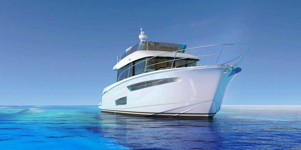 JEANNEAU VOYAGE: Her lanseres en helt ny serie med nye flybridgedebåter, med Voyage 42 først ut. FOTO: Jeanneau. JEANNEAU VOYAGE: Her lanseres en helt ny serie med nye flybridgedebåter, med Voyage 42 først ut. FOTO: Jeanneau.