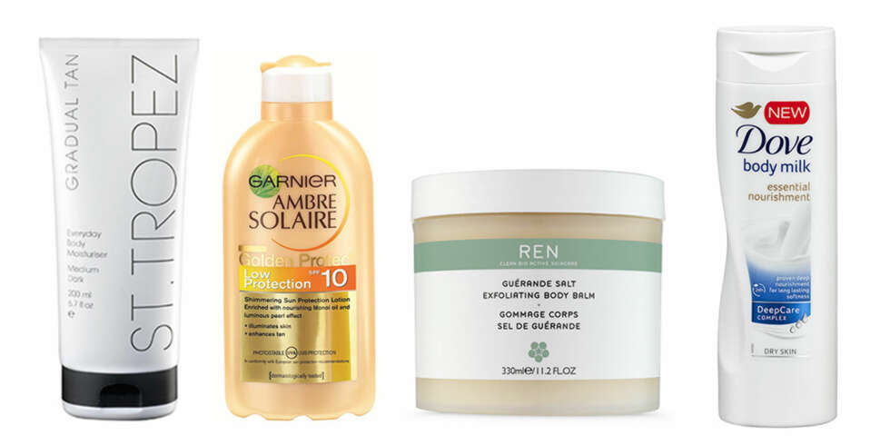 GODT FOR FARGEN: St. Tropez Gradual Self Tan ( kr 229), Garnier Golden Protect ( kr 89), REN Exfoliating Body Balm ( kr 295), Dove Body Milk ( kr 59). GODT FOR FARGEN: St. Tropez Gradual Self Tan ( kr 229), Garnier Golden Protect ( kr 89), REN Exfoliating Body Balm ( kr 295), Dove Body Milk ( kr 59).