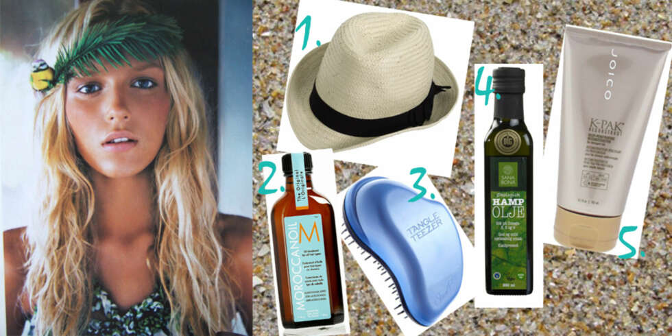 SUNT SOMMERHÅR: 1. Fedora hatt, kr 119, Primark. 2. Maroccan Oil, kr 299, Studio Alf. 3. Tangle Teezer hårbørste, kr 90, Beautybay.com. 4. Økologisk hampolje fra Sanabona, kr 159, Ica. 5. K-Pac Leave-In Balsam fra fra Joico, kr 175, blivakker.no. SUNT SOMMERHÅR: 1. Fedora hatt, kr 119, Primark. 2. Maroccan Oil, kr 299, Studio Alf. 3. Tangle Teezer hårbørste, kr 90, Beautybay.com. 4. Økologisk hampolje fra Sanabona, kr 159, Ica. 5. K-Pac Leave-In Balsam fra fra Joico, kr 175, blivakker.no.