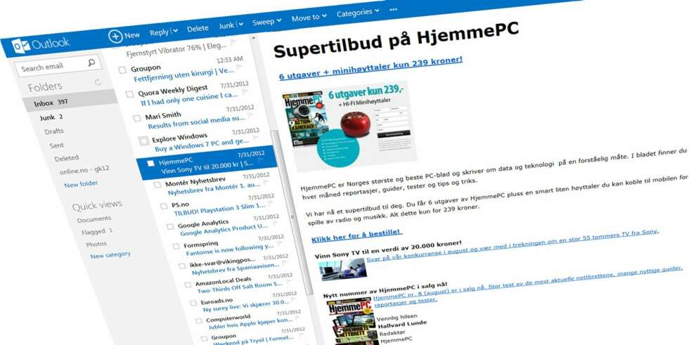 NY INNBOKS: Microsoft har lansert Outlook.com og er en oppdatert innboks i forhold til tidligere tjenester som Hotmail, MSN og Windows Live Mail. NY INNBOKS: Microsoft har lansert Outlook.com og er en oppdatert innboks i forhold til tidligere tjenester som Hotmail, MSN og Windows Live Mail.