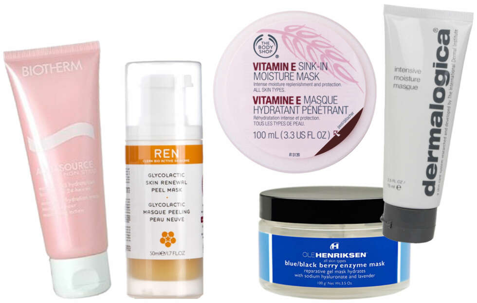 MASKER: Biotherm Aquasource Non Stop Mask (kr 260), REN Glycolactic Skin Renewal Peel Mask (kr 350), Ole Henriksen Blue/Black Berry Enzyme Mask (kr 560), The Body Shop Vitamine E Skin-In Moisture Mask (kr 159), Dermalogica Intensive Moisture Masque (kr 260). MASKER: Biotherm Aquasource Non Stop Mask (kr 260), REN Glycolactic Skin Renewal Peel Mask (kr 350), Ole Henriksen Blue/Black Berry Enzyme Mask (kr 560), The Body Shop Vitamine E Skin-In Moisture Mask (kr 159), Dermalogica Intensive Moisture Masque (kr 260).