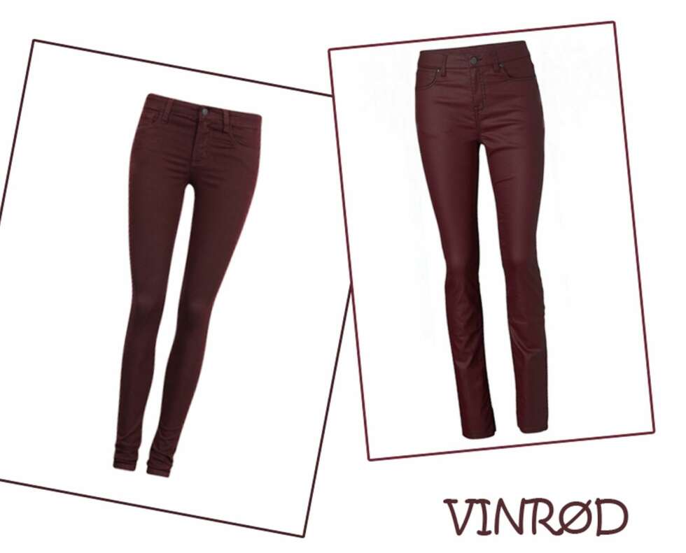 VINRØDE JEANS: 1) Fra Cubus, kr 399. 2) Fra MQ, kr 499. VINRØDE JEANS: 1) Fra Cubus, kr 399. 2) Fra MQ, kr 499.