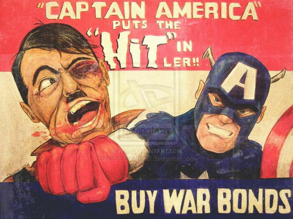 For å finansiere krigsinnsatsen utstedte de amerikanske myndighetene krigsobligasjoner. Superheltene ble engasjert for å få menigmann til å investere. Her får Hitler en trøkk 16 av Captain America. For å finansiere krigsinnsatsen utstedte de amerikanske myndighetene krigsobligasjoner. Superheltene ble engasjert for å få menigmann til å investere. Her får Hitler en trøkk 16 av Captain America.