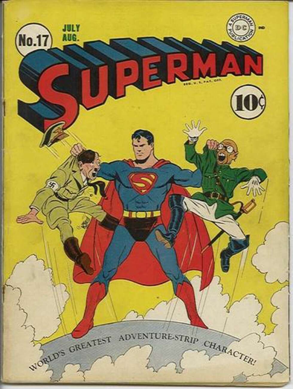 De amerikanske tegneseriene engasjerte seg på De alliertes side i god tid før japanerne bombet Pearl Harbor. Captain America var definitivt ikke alene om å grisebanke Hitler, Mussolini og den japanske keiseren. Batman og Robin bruker en skikkelig bombe på krapylene, mens Superman nøyer seg med å riste i dem. Som vi ser av Hitlers ansiktsuttrykk, angrer han allerede på at han innvaderte Polen. De amerikanske tegneseriene engasjerte seg på De alliertes side i god tid før japanerne bombet Pearl Harbor. Captain America var definitivt ikke alene om å grisebanke Hitler, Mussolini og den japanske keiseren. Batman og Robin bruker en skikkelig bombe på krapylene, mens Superman nøyer seg med å riste i dem. Som vi ser av Hitlers ansiktsuttrykk, angrer han allerede på at han innvaderte Polen.