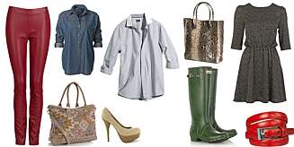 FRA VENSTRE: Rød bukse i skinnimitasjon fra Cubus, kr 399, denimskjorte fra MQ, kr 499, lys skjorte fra H&M, kr 249, slangskinnsmønstret veske fra Lindex, kr 199, kjole fra BikBok til kr 349, belte fra Kaw, kr 99, støvler fra Hunter, kr 1000, høyhælte sko fra Nelly, kr 349, og veske med inkamønster fra Accessorize, kr 500. FRA VENSTRE: Rød bukse i skinnimitasjon fra Cubus, kr 399, denimskjorte fra MQ, kr 499, lys skjorte fra H&M, kr 249, slangskinnsmønstret veske fra Lindex, kr 199, kjole fra BikBok til kr 349, belte fra Kaw, kr 99, støvler fra Hunter, kr 1000, høyhælte sko fra Nelly, kr 349, og veske med inkamønster fra Accessorize, kr 500.