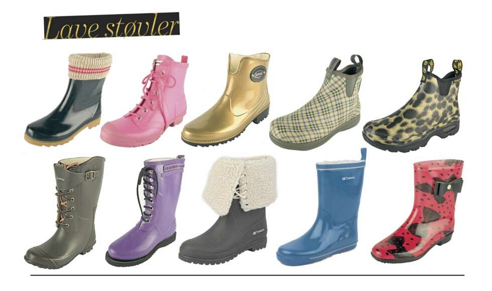 LAVE STØVLER: Fra øverst til venstre: Kort, sort støvel med strikket kant fra Juicy Couture, kr 949,- Kort og rosa fra Hunter, kr 1699,- Kort og gull fra Scholl Contemporary, kr 599,- Skotskrutet fra LaCrosse, kr 799,- Dyrisk fra LaCrosse, 629,- Sort til leggen fra Amaort, kr 1799,- Lilla og varm fra Hornbæk og Ilse Jacobsen: 3/4 Rubberboot, kr 999,- Sort med ullfor fra Tretorn, kr 899,- Blå og foret fra Tretorn, kr 649,- Sløyfer fra Iron Fist, kr 349,- LAVE STØVLER: Fra øverst til venstre: Kort, sort støvel med strikket kant fra Juicy Couture, kr 949,- Kort og rosa fra Hunter, kr 1699,- Kort og gull fra Scholl Contemporary, kr 599,- Skotskrutet fra LaCrosse, kr 799,- Dyrisk fra LaCrosse, 629,- Sort til leggen fra Amaort, kr 1799,- Lilla og varm fra Hornbæk og Ilse Jacobsen: 3/4 Rubberboot, kr 999,- Sort med ullfor fra Tretorn, kr 899,- Blå og foret fra Tretorn, kr 649,- Sløyfer fra Iron Fist, kr 349,-