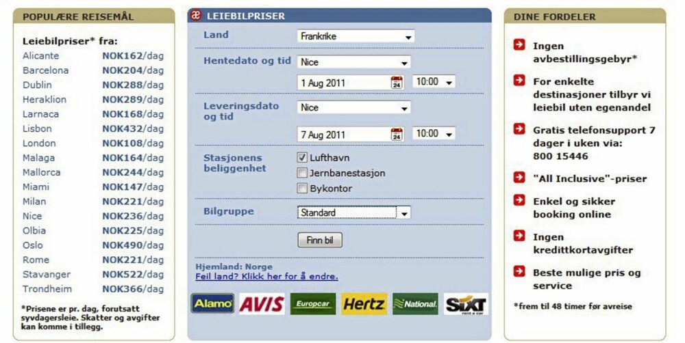 FORMIDLERE: Det kan lønne seg å bestille leiebil via formidlere som samarbeider med flere utleiefirmaer. Foto: Skjermdropp Auto Europe FORMIDLERE: Det kan lønne seg å bestille leiebil via formidlere som samarbeider med flere utleiefirmaer. Foto: Skjermdropp Auto Europe
