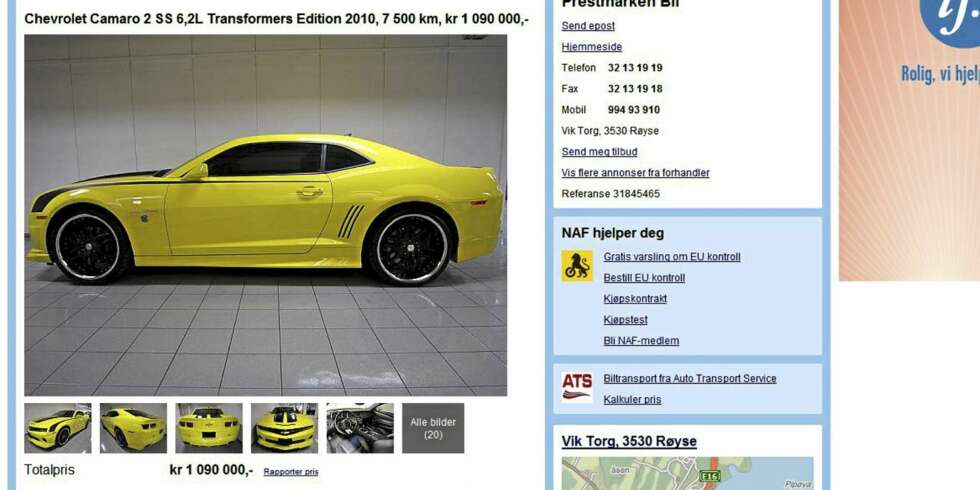 DYR: En Camaro 2010-modell til drøye millionen. Foto: Skjermdropp Finn.no DYR: En Camaro 2010-modell til drøye millionen. Foto: Skjermdropp Finn.no