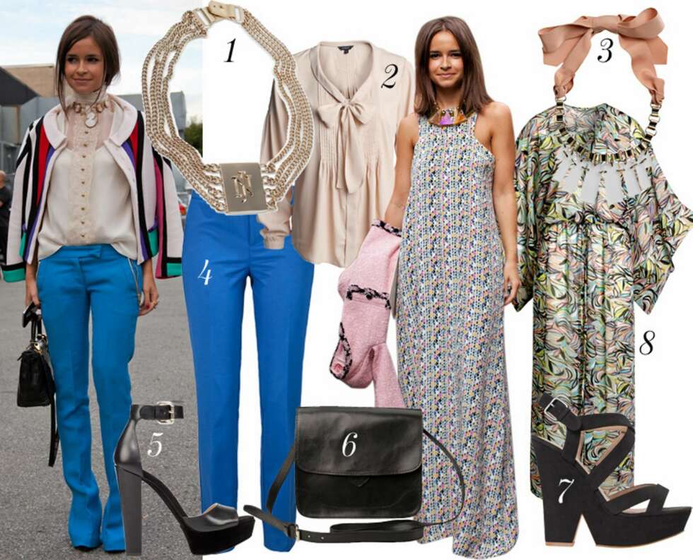 1: Smykke fra Nina Jarebrink, kr 1399. 2: Bluse fra Lindex, kr 299. 3: Smykke fra by Malene Birger, kr 799. 4: Blå bukser fra Gina Tricot, kr 299. 5: Sandaler fra Zara, kr 799. 6: Veske fra Bianco, kr 599. 7: Sandal med kilehæl fra Bik Bok, kr 499. 8: Kjole fra H&M, kr 199. 1: Smykke fra Nina Jarebrink, kr 1399. 2: Bluse fra Lindex, kr 299. 3: Smykke fra by Malene Birger, kr 799. 4: Blå bukser fra Gina Tricot, kr 299. 5: Sandaler fra Zara, kr 799. 6: Veske fra Bianco, kr 599. 7: Sandal med kilehæl fra Bik Bok, kr 499. 8: Kjole fra H&M, kr 199.