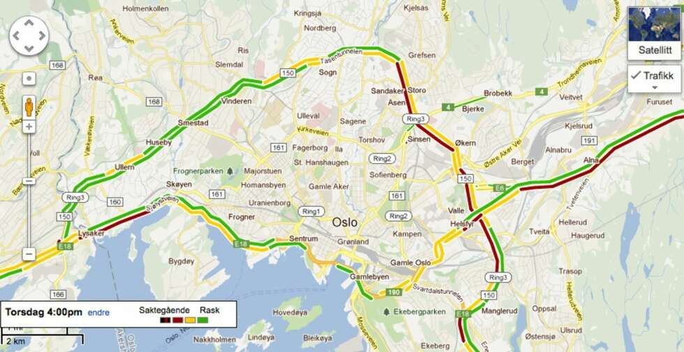 I FREMTIDEN: Når vi velger torsdag klokken 16:00, ser kartet slik ut. Både Ringveien, E6 og E18 står i stampe på denne tiden, og det ser man også av kartet. I FREMTIDEN: Når vi velger torsdag klokken 16:00, ser kartet slik ut. Både Ringveien, E6 og E18 står i stampe på denne tiden, og det ser man også av kartet.