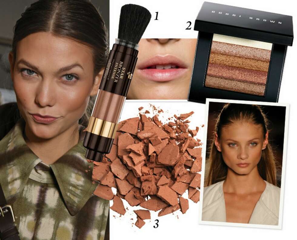 SOLPUDDER: 1. Lancome Magic bronzing brush (kr 325), 2. Bobbi Brown Shimmer Brick i fargen bronze (kr 380) 3. Max Factor Bronzing powder (kr 120). Foto: Catwalkpix / produsenten SOLPUDDER: 1. Lancome Magic bronzing brush (kr 325), 2. Bobbi Brown Shimmer Brick i fargen bronze (kr 380) 3. Max Factor Bronzing powder (kr 120). Foto: Catwalkpix / produsenten