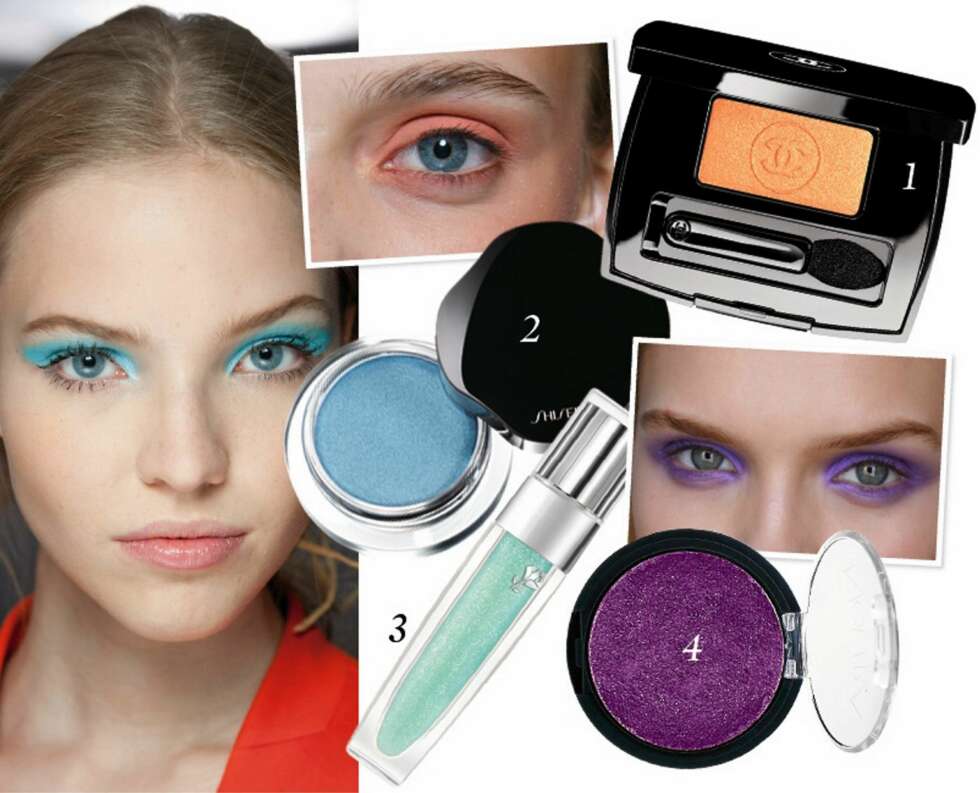 FARGERIKT: 1. Orange øyenskygge fra Chanel Ombre Essentielle i fargen Tigerlily (kr 265), 2. Blå kremskygge fra Shiseido Shimmering eye color i fargen ice (kr 250). 3. Lancôme Color fever gloss i fargen green petal (kr 245) 4. Nouba Nombra eyeshadow i fargen lilac (kr 229). Foto: Catwalkpix / produsenten FARGERIKT: 1. Orange øyenskygge fra Chanel Ombre Essentielle i fargen Tigerlily (kr 265), 2. Blå kremskygge fra Shiseido Shimmering eye color i fargen ice (kr 250). 3. Lancôme Color fever gloss i fargen green petal (kr 245) 4. Nouba Nombra eyeshadow i fargen lilac (kr 229). Foto: Catwalkpix / produsenten