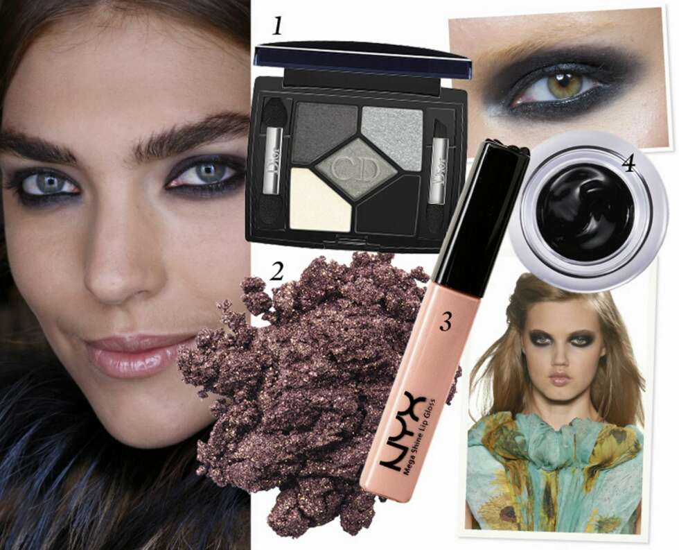 SOTEDE ØYNE: 1. Øyenskyggepalett fra Dior 5 Coleurs designer i fargen 008 smoky (kr 500), 2. Maybelline Gel liner (kr 119), 3. Nyx Mega shine lipgloss i fargen sugar pie (kr 90) og 4. Bare Minerals Glimmer eyeshadow i fargen Queen Tiffany (kr 239). Foto: Catwalkpix / produsenten SOTEDE ØYNE: 1. Øyenskyggepalett fra Dior 5 Coleurs designer i fargen 008 smoky (kr 500), 2. Maybelline Gel liner (kr 119), 3. Nyx Mega shine lipgloss i fargen sugar pie (kr 90) og 4. Bare Minerals Glimmer eyeshadow i fargen Queen Tiffany (kr 239). Foto: Catwalkpix / produsenten