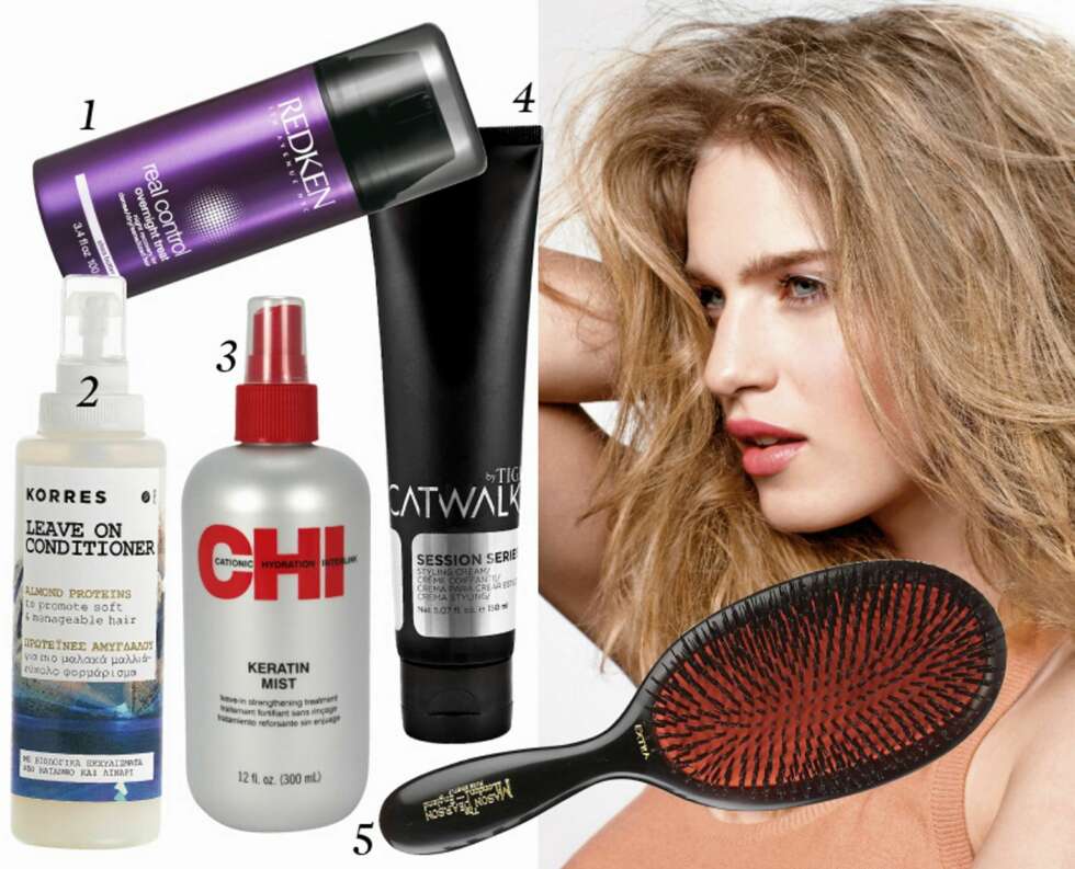 LANGT HÅR: Korres Almond proteins leave in conditioner, kr 110. Chi Keratin mist, kr 249. Redken Real control overnight treatment, kr 414. Tigi Catwalk styling cream, kr 249. Mason Pearson hårbørste, kr 1100. Foto: Bulls og produsenten LANGT HÅR: Korres Almond proteins leave in conditioner, kr 110. Chi Keratin mist, kr 249. Redken Real control overnight treatment, kr 414. Tigi Catwalk styling cream, kr 249. Mason Pearson hårbørste, kr 1100. Foto: Bulls og produsenten