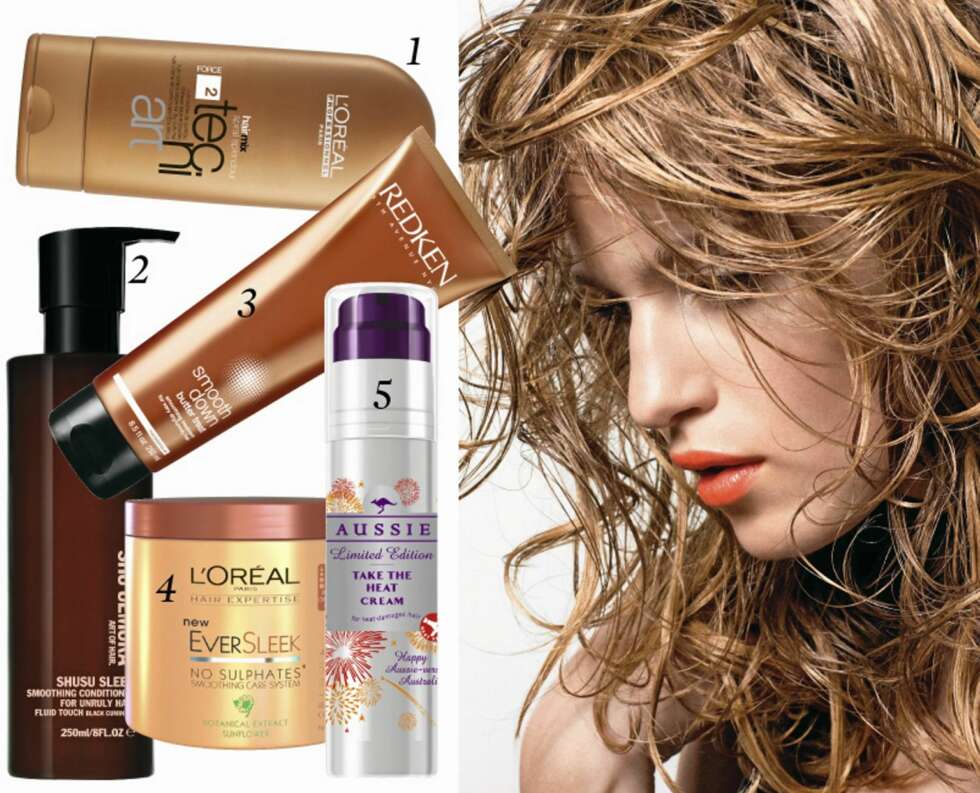 PRODUKTER: 1. Redken Smooth down butter treat, kr 414. 2. Shu Umeura Shusu sleek treatment, kr 515, 3. L'Oreal Professionnel tecni art curl contour cream, kr 225. 4. L'Oreal Paris eversleek smoothing care mask, kr 99. 5. Aussie Take the heat cream, kr 99. Foto: Bulls/produsenten PRODUKTER: 1. Redken Smooth down butter treat, kr 414. 2. Shu Umeura Shusu sleek treatment, kr 515, 3. L'Oreal Professionnel tecni art curl contour cream, kr 225. 4. L'Oreal Paris eversleek smoothing care mask, kr 99. 5. Aussie Take the heat cream, kr 99. Foto: Bulls/produsenten