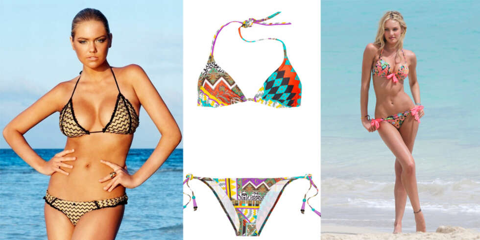 TREKANT: Mye hud og lite stoff går aldri av moten. Fomfulle Kate Upton og Victoria's Secret modellen Candice Swanepoel ser begge smashing ut i trekantbikinier. Etro bikinien er en smart sommerinvestering. TREKANT: Mye hud og lite stoff går aldri av moten. Fomfulle Kate Upton og Victoria's Secret modellen Candice Swanepoel ser begge smashing ut i trekantbikinier. Etro bikinien er en smart sommerinvestering.