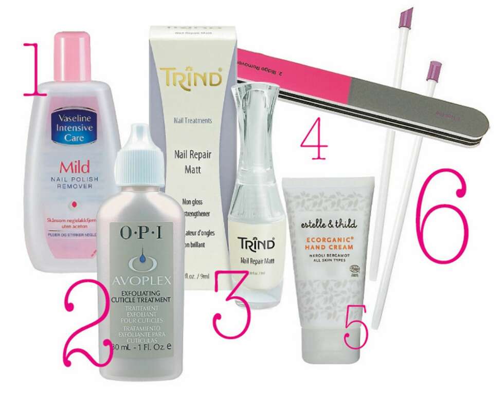 UTSTYR: 1. Neglelakkfjerner fra Vaseline Intensive Care, kr 35. 2. Exfoliating Cuticle Treatment fra OPI, kr 280. 3. Negleforsterker Trind Nail Repair Matt, kr 139. 4. Økologisk håndkrem fra Estelle & Thild, kr 175. 6. Neglebåndsskyver fra OPI, kr 60. UTSTYR: 1. Neglelakkfjerner fra Vaseline Intensive Care, kr 35. 2. Exfoliating Cuticle Treatment fra OPI, kr 280. 3. Negleforsterker Trind Nail Repair Matt, kr 139. 4. Økologisk håndkrem fra Estelle & Thild, kr 175. 6. Neglebåndsskyver fra OPI, kr 60.