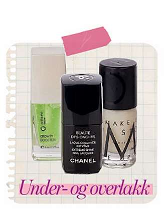 UNDER- OG OVERLAKK: Oriflames Growth Booster skal sørge for sterke fine negler som vokser raskt, kr 99. Overlakk fra Chanel, kr 220 og underlakk fra Make Up Store, kr 130. UNDER- OG OVERLAKK: Oriflames Growth Booster skal sørge for sterke fine negler som vokser raskt, kr 99. Overlakk fra Chanel, kr 220 og underlakk fra Make Up Store, kr 130.
