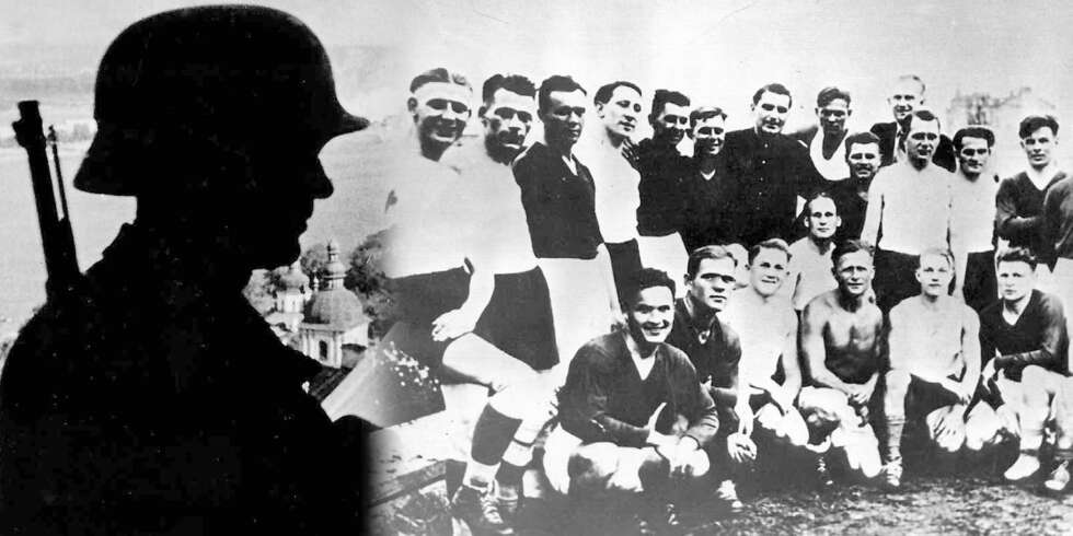 Ukrainerne (i mørke drakter) smiler sammen med tyskerne (i hvitt) før kampen. Etterpå ble de drept. Ukrainerne (i mørke drakter) smiler sammen med tyskerne (i hvitt) før kampen. Etterpå ble de drept.
