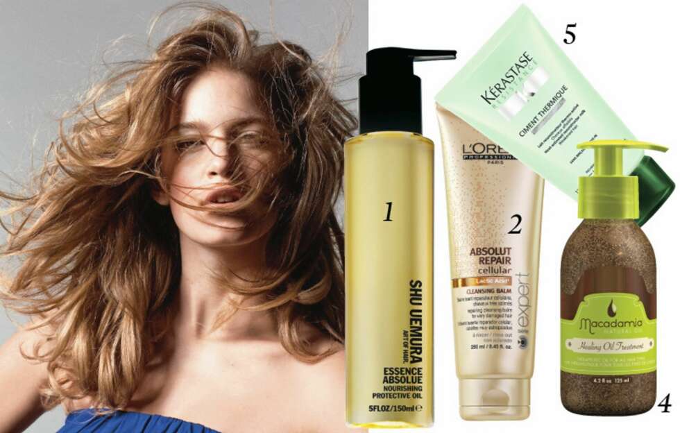 HÅRPLEIE: Shu Uemura Essence absolue hair oil, kr 465. L'Oreal Professionnel Absolut repair cellular baume, kr 205. Macadamia healing oil treatment, kr 299, og Kerastase Ciment thermique heat-activated styling milk, kr 260. Foto: Bulls/produsentene HÅRPLEIE: Shu Uemura Essence absolue hair oil, kr 465. L'Oreal Professionnel Absolut repair cellular baume, kr 205. Macadamia healing oil treatment, kr 299, og Kerastase Ciment thermique heat-activated styling milk, kr 260. Foto: Bulls/produsentene