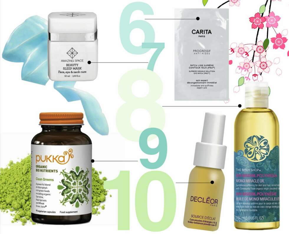 6.Carita Supreme wrinkle Solution Eye Patch, 5x2 pk., kr 559,- 7. Amazing Space beauty sleep mask, kr 455,- 8. The Body Shop Spa Wisdom Polynesia Monoi Miracle Oil, kr 179,- 9. Pukka Clean greens tabletter, 90 stk., kr 249,- 10. Decléor 10-day radiance Cure, kr 359,- 6.Carita Supreme wrinkle Solution Eye Patch, 5x2 pk., kr 559,- 7. Amazing Space beauty sleep mask, kr 455,- 8. The Body Shop Spa Wisdom Polynesia Monoi Miracle Oil, kr 179,- 9. Pukka Clean greens tabletter, 90 stk., kr 249,- 10. Decléor 10-day radiance Cure, kr 359,-
