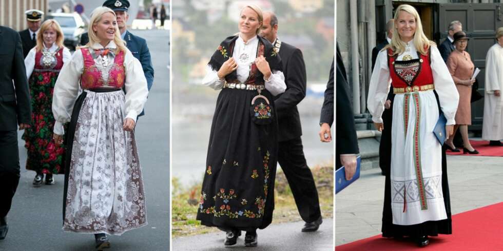 BUNADSGLAD: Mette-Marit i (f.v.) drakt fra Laudal i Vest-Agder, Rogalandsbunad og og Hardangerbunad. Sistnevnte er en av Mette-Marits favoritter. BUNADSGLAD: Mette-Marit i (f.v.) drakt fra Laudal i Vest-Agder, Rogalandsbunad og og Hardangerbunad. Sistnevnte er en av Mette-Marits favoritter.
