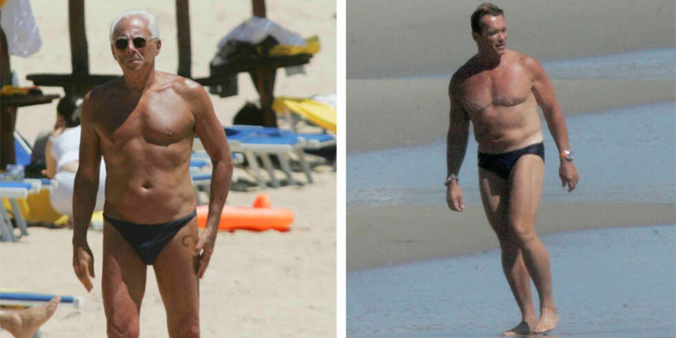 GAMMEL ÅRGANG: Både Giorgio Armani og Arnold Schwarzenegger synes det er helt OK å gå på stranda i minimale badetruser. GAMMEL ÅRGANG: Både Giorgio Armani og Arnold Schwarzenegger synes det er helt OK å gå på stranda i minimale badetruser.