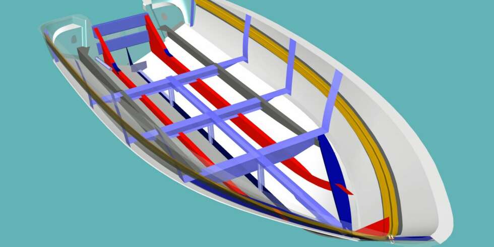 HEFTIGE KREFTER: 3D-illustrasjonen viser hvor det er lagt inn ekstra forsterkninger for å tåle de voldsomme påkjenningene som kommer i tøff bølgekjøring. ILLUSTRASJON: Yamarin HEFTIGE KREFTER: 3D-illustrasjonen viser hvor det er lagt inn ekstra forsterkninger for å tåle de voldsomme påkjenningene som kommer i tøff bølgekjøring. ILLUSTRASJON: Yamarin