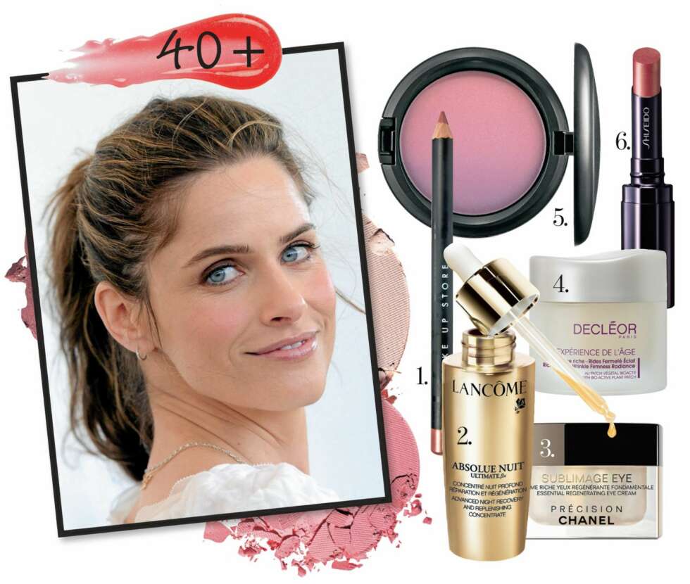 40+: 1. Lipliner i fargen Melon fra Make Up Store, kr 135,- 2. Lancôme Absolue Nuit er et nattserum som glatter og jevner ut huden. Kr 1740,- 3. Sublimage Eye Précision Chanel øyekrem, kr 505,- 4. Decléor Antirynkekrem er en dagkrem som bekjemper aldringstegn, kr 479,- 5.Rouge i fargen Azela Blossom fra MAC gir deg vakre rosa farget kinn, kr 250,- 6. Leppestift Temptress fra Shiseido, kr 230,- 40+: 1. Lipliner i fargen Melon fra Make Up Store, kr 135,- 2. Lancôme Absolue Nuit er et nattserum som glatter og jevner ut huden. Kr 1740,- 3. Sublimage Eye Précision Chanel øyekrem, kr 505,- 4. Decléor Antirynkekrem er en dagkrem som bekjemper aldringstegn, kr 479,- 5.Rouge i fargen Azela Blossom fra MAC gir deg vakre rosa farget kinn, kr 250,- 6. Leppestift Temptress fra Shiseido, kr 230,-