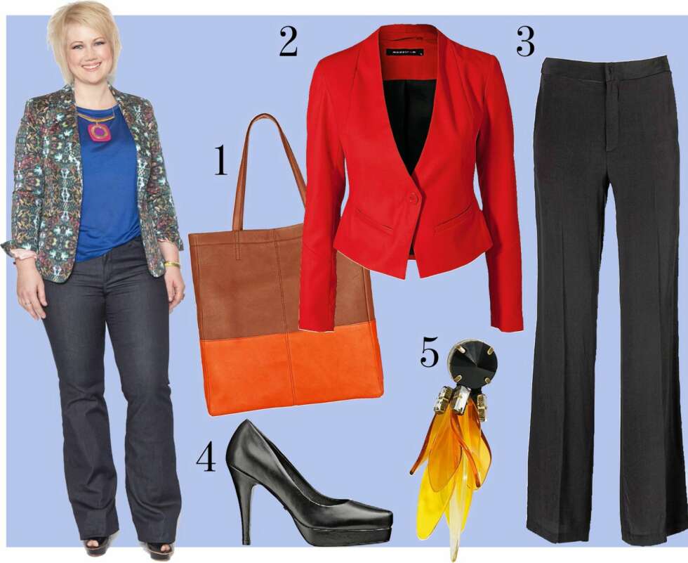 FINE FORSLAG: 1. Veske fra Monsoon, kr 975, 2. Blazer fra Modström/Nelly.com, kr 899,- 3. Bukse fra InWear, kr 1699,- 4. Pumps fra Tiger of Sweden, kr 1699,- 5. Øredobber i varme toner fra Marni at H&M, kr 199,- FINE FORSLAG: 1. Veske fra Monsoon, kr 975, 2. Blazer fra Modström/Nelly.com, kr 899,- 3. Bukse fra InWear, kr 1699,- 4. Pumps fra Tiger of Sweden, kr 1699,- 5. Øredobber i varme toner fra Marni at H&M, kr 199,-