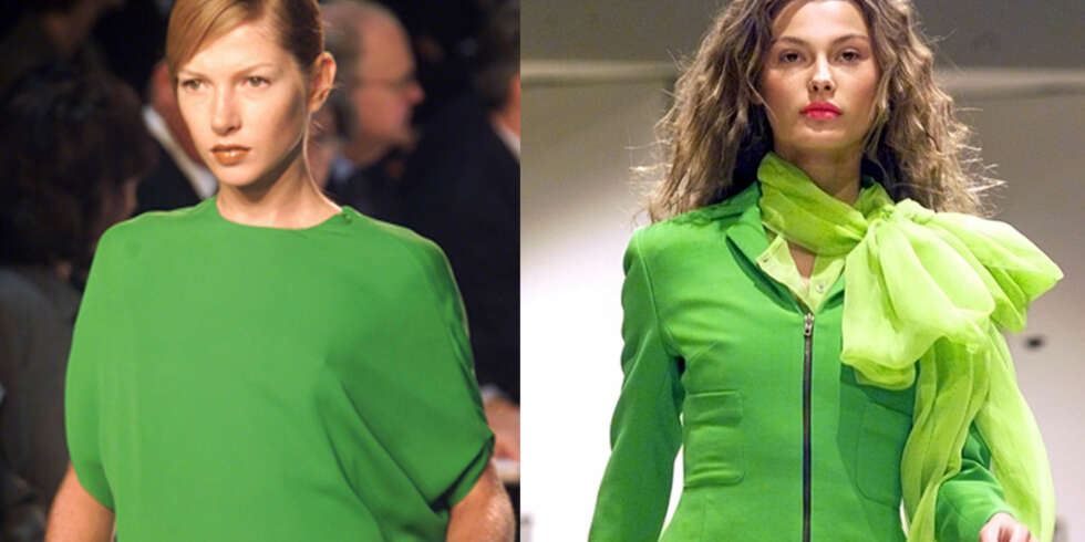 GRØNNE MODELLER: Både Yves Saint Laurent (t.v.) og Balmain fashion house valgte grønt på catwalken for sommeren. (Foto: Scanpix/AP) GRØNNE MODELLER: Både Yves Saint Laurent (t.v.) og Balmain fashion house valgte grønt på catwalken for sommeren. (Foto: Scanpix/AP)