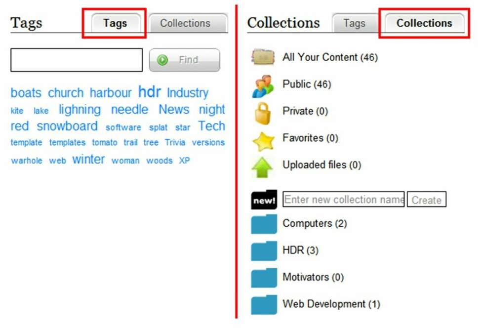 Man kan velge å se på sitt innhold i form av tagger eller i form av såkalte collections. Man kan velge å se på sitt innhold i form av tagger eller i form av såkalte collections.