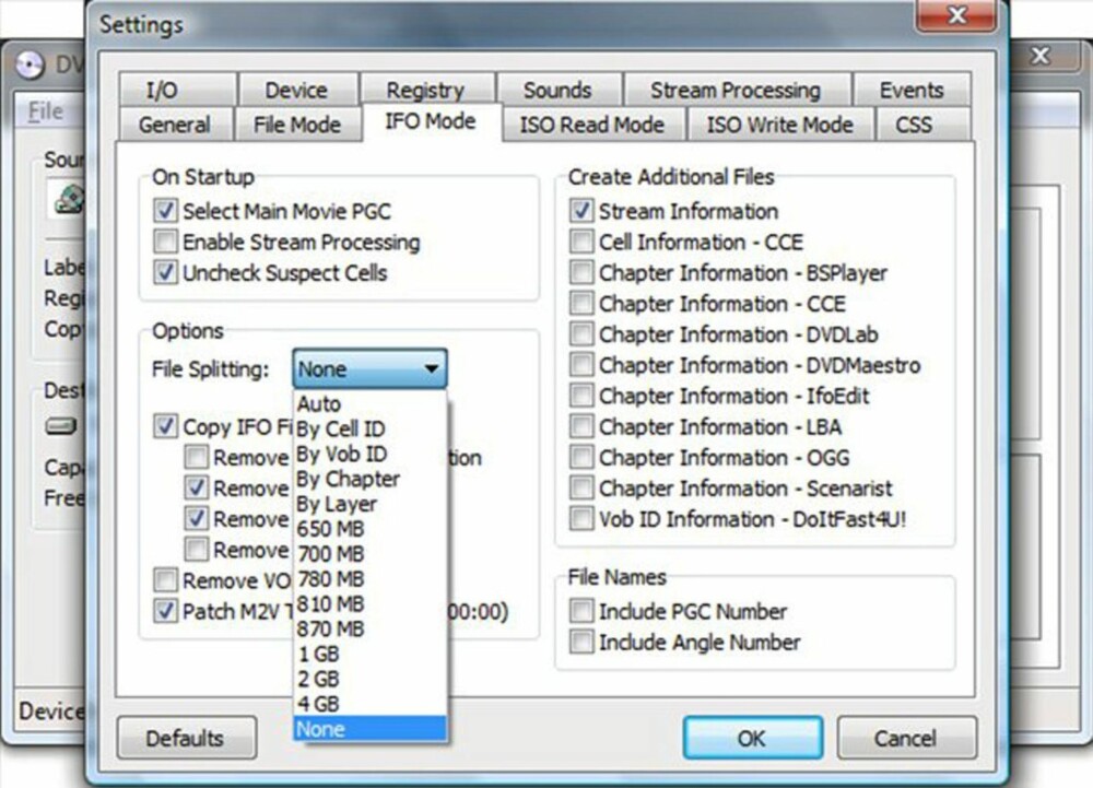 Steg 4: Velg Tools/Settings og velg fanen ""IFO Mode"", her setter du file splitting til ""None"". Trykk Ok Steg 4: Velg Tools/Settings og velg fanen ""IFO Mode"", her setter du file splitting til ""None"". Trykk Ok