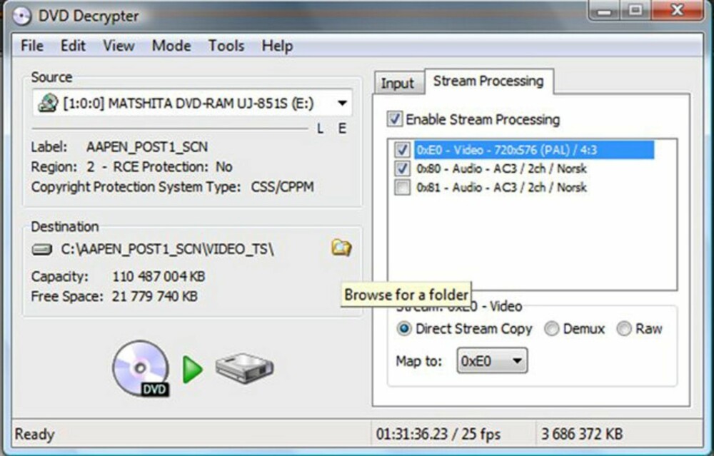 Steg 5: I hovedvinduet marker Stream Processing fanen, og velg kun de to øverste filene. Dette vil alltid være hovedfilmens videofil med dens lydspor. Marker også ""Enable Stream Processing"" Steg 5: I hovedvinduet marker Stream Processing fanen, og velg kun de to øverste filene. Dette vil alltid være hovedfilmens videofil med dens lydspor. Marker også ""Enable Stream Processing""