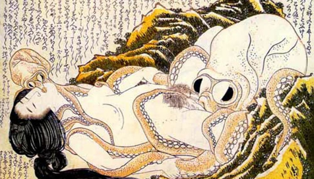 Drømmen om fiskerkona. Erotisk tresnitt lagd omtrent 1820 av Hokusai. Drømmen om fiskerkona. Erotisk tresnitt lagd omtrent 1820 av Hokusai.