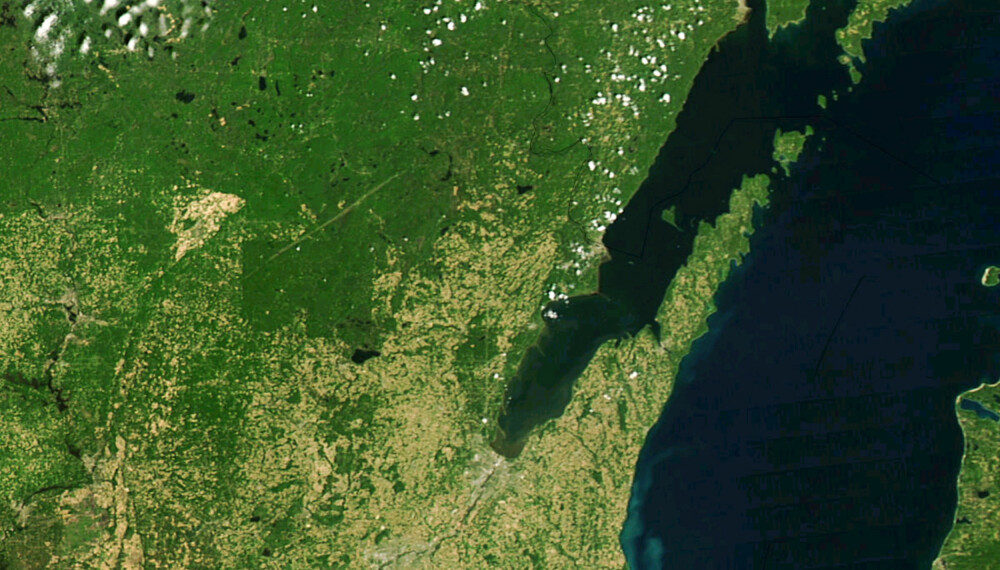 Den diagonale streken er titusenvis av trær som er revet vekk etter tornadoen. Stien er synlig fra verdensrommet. Foto: NASAs MODIS Rapid Response Den diagonale streken er titusenvis av trær som er revet vekk etter tornadoen. Stien er synlig fra verdensrommet. Foto: NASAs MODIS Rapid Response