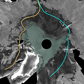 Den oransje linjen viser hvor nordvestpassasjen går. Bildet er grått der det ikke er is. Isen er markert med grønn farge. Den turkise linjen viser nordøstpassasjen. (Foto: ESA) Den oransje linjen viser hvor nordvestpassasjen går. Bildet er grått der det ikke er is. Isen er markert med grønn farge. Den turkise linjen viser nordøstpassasjen. (Foto: ESA)