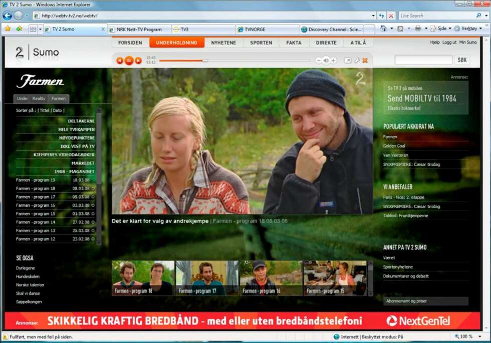 TV2 SUMO: TV2 er nok den kanalen som har kommet lengst med web-TV i Norge, men du må betale for tilgang. TV2 SUMO: TV2 er nok den kanalen som har kommet lengst med web-TV i Norge, men du må betale for tilgang.